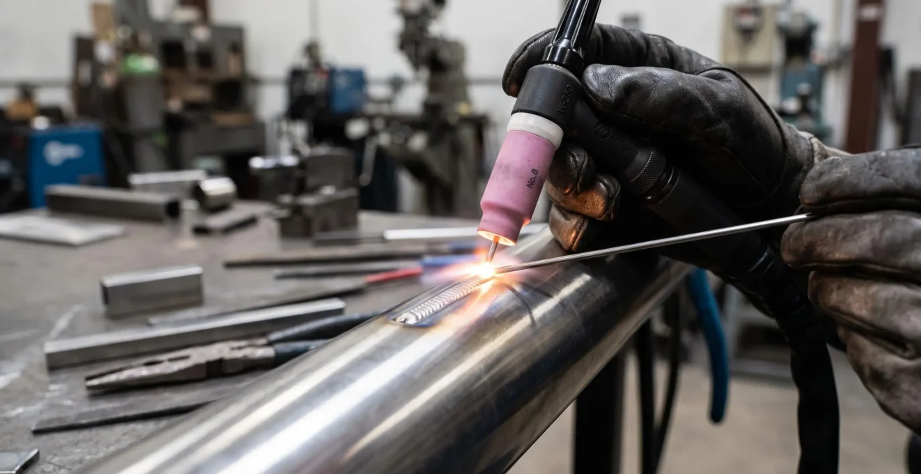 Gros plan technique sur torche de soudage TIG avec électrode tungstène formant cordon de soudure régulier sur tube acier inoxydable sous protection gazeuse argon