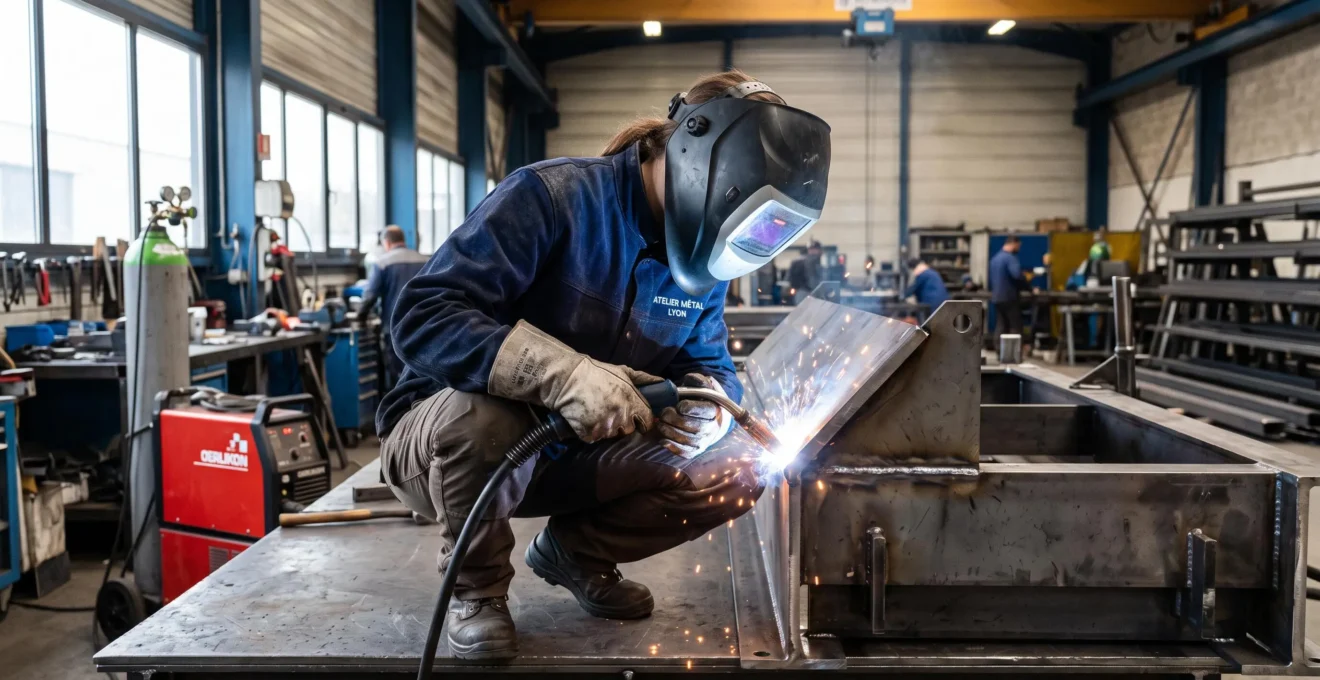 Soudeur professionnel en équipement de protection réalisant un cordon de soudure à l'arc sur assemblage de tôles acier épaisses dans atelier de chaudronnerie industrielle moderne
