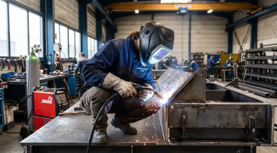 Soudeur professionnel en équipement de protection réalisant un cordon de soudure à l'arc sur assemblage de tôles acier épaisses dans atelier de chaudronnerie industrielle moderne