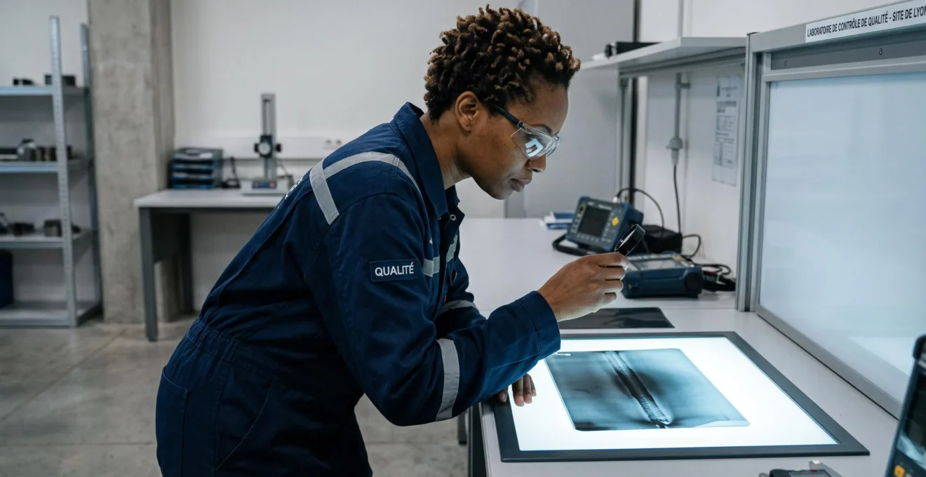 Technicien en contrôle qualité examinant film radiographique de soudure sur négatoscope lumineux en laboratoire de contrôle industriel
