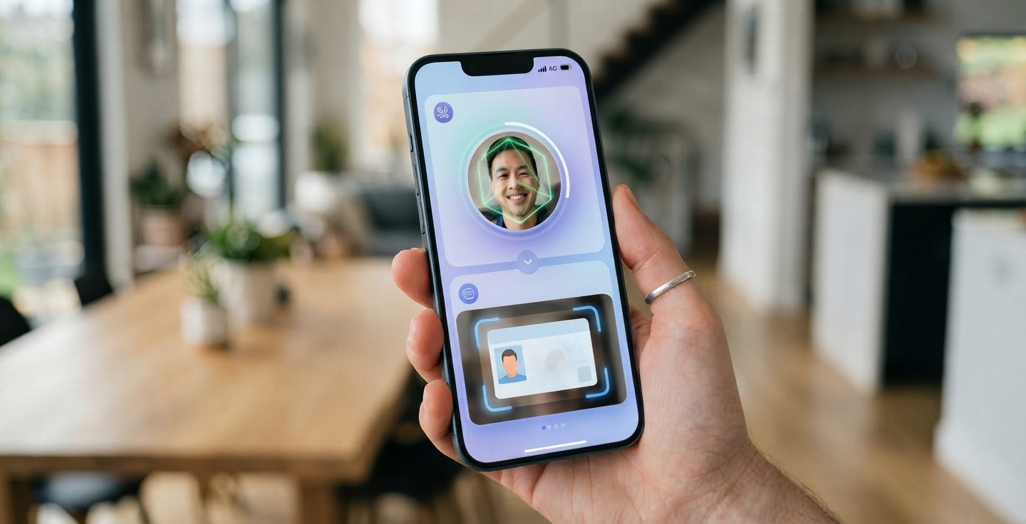 Gros plan de mains tenant une pièce d'identité devant un smartphone pour la vérification KYC