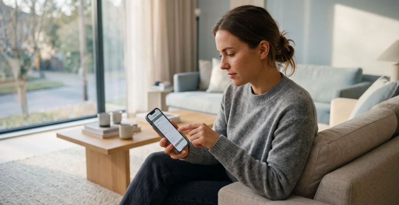 Jeune adulte utilisant un smartphone pour ouvrir un compte bancaire en ligne dans un intérieur domestique moderne
