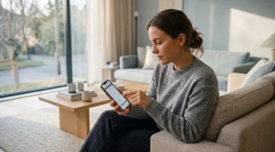Jeune adulte utilisant un smartphone pour ouvrir un compte bancaire en ligne dans un intérieur domestique moderne