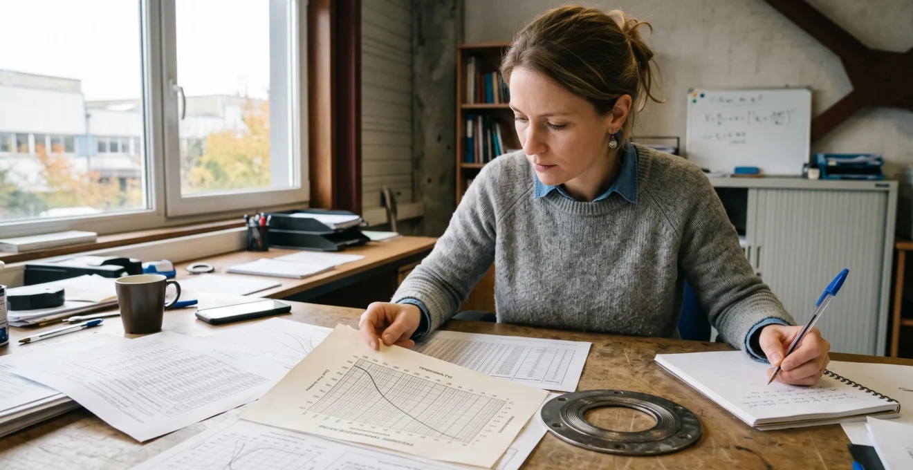 Un ingénieur consulte des documents techniques et un tableau de classifications à côté d'un joint.