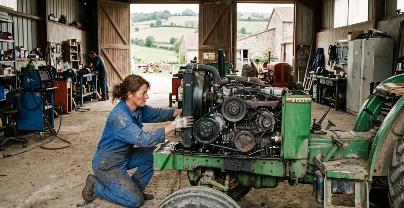 Un mécanicien contrôle la tension d'une courroie sur un moteur de tracteur agricole.