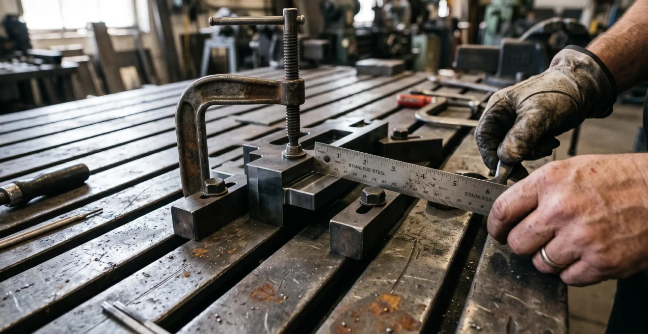 Une pièce métallique est fixée par des serre-joints sur la surface d'une table de soudure.