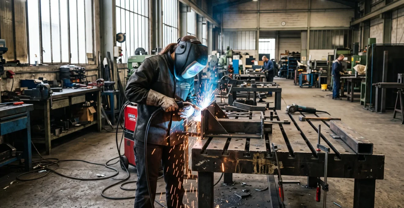 Un soudeur travaille sur une table de soudure industrielle dans un atelier.