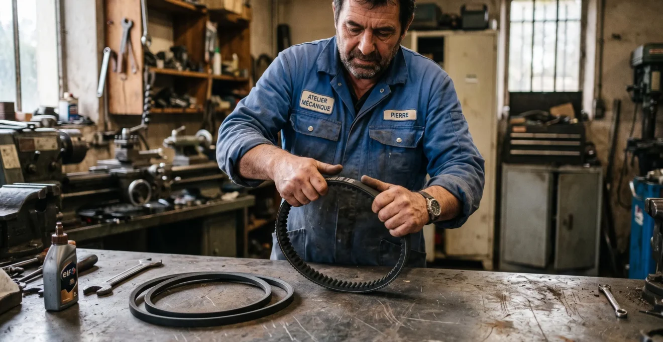 Un technicien plie une courroie crantée sur un établi pour montrer sa flexibilité.